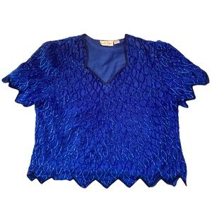 Vintage Laurence Kazar Womens Plus Sz 3x Silk Beaded Sequin Blue Blouse Evening